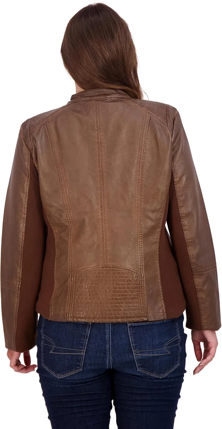 Sebby Collection Women's Faux Leather Jacket with Moto Details and Front Zip Pockets