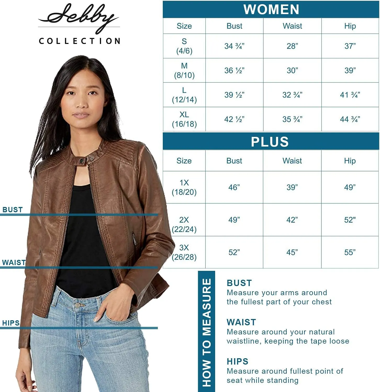 Sebby Collection Women's Faux Leather Jacket with Moto Details and Front Zip Pockets