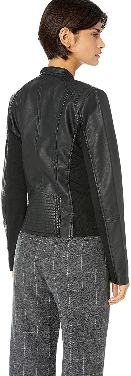 Sebby Collection Women's Faux Leather Jacket with Moto Details and Front Zip Pockets