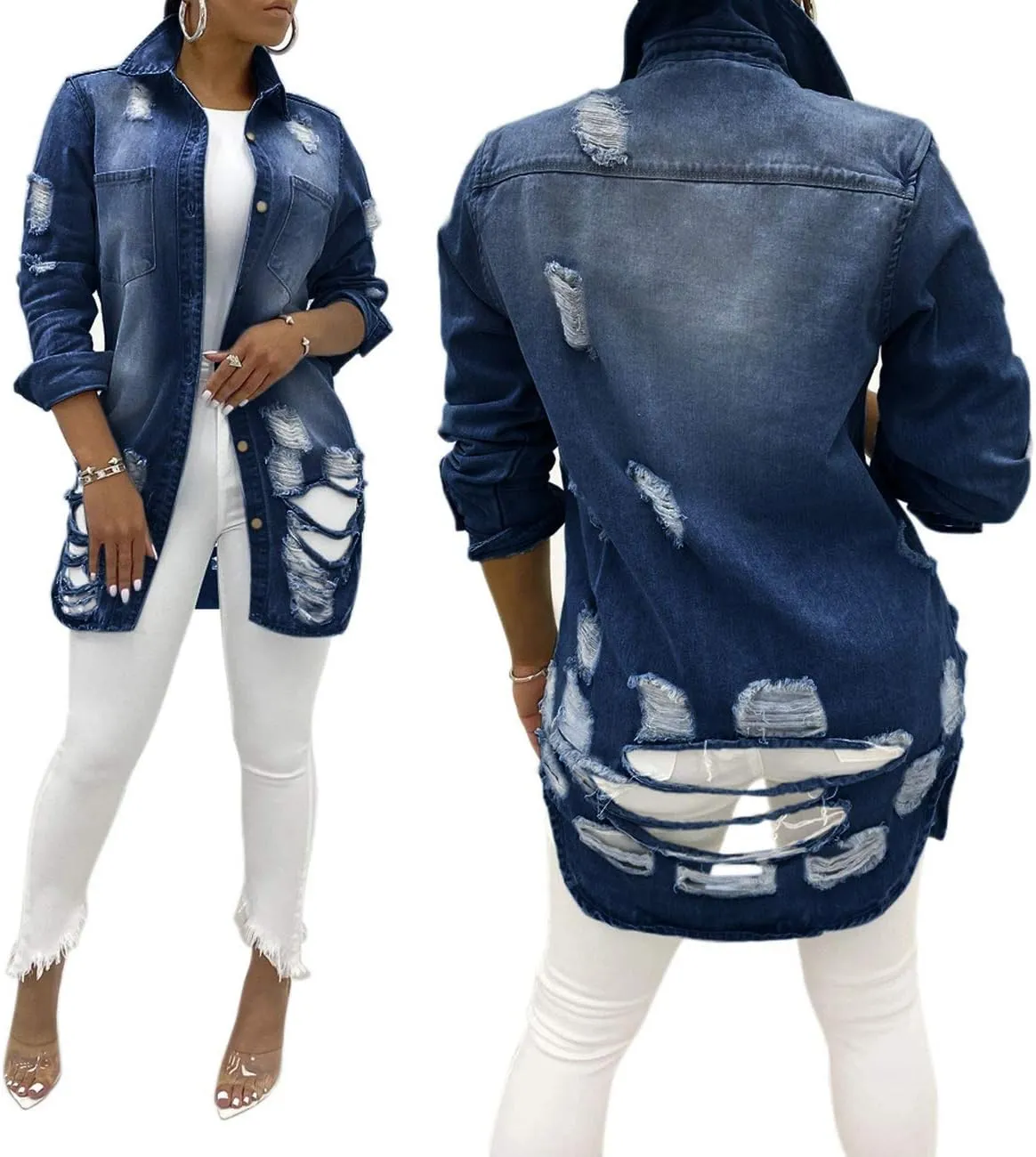SeNight Women's Jean Jacket Long Sleeve Classic Distressed Fray Hem Tassels Denim Trucker Jackets