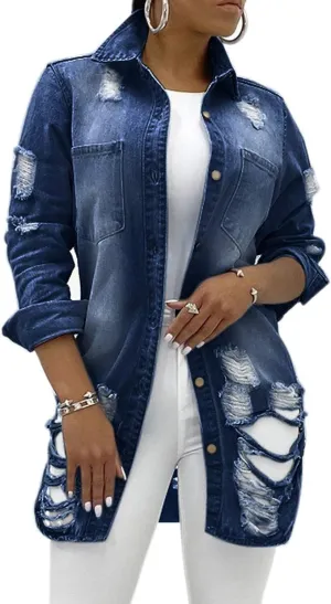 SeNight Women's Jean Jacket Long Sleeve Classic Distressed Fray Hem Tassels Denim Trucker Jackets