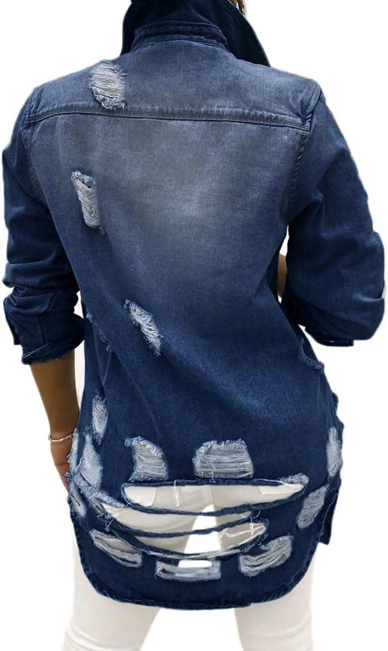 SeNight Women's Jean Jacket Long Sleeve Classic Distressed Fray Hem Tassels Denim Trucker Jackets