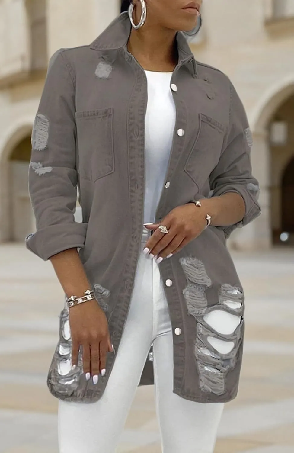SeNight Women's Jean Jacket Long Sleeve Classic Distressed Fray Hem Tassels Denim Trucker Jackets