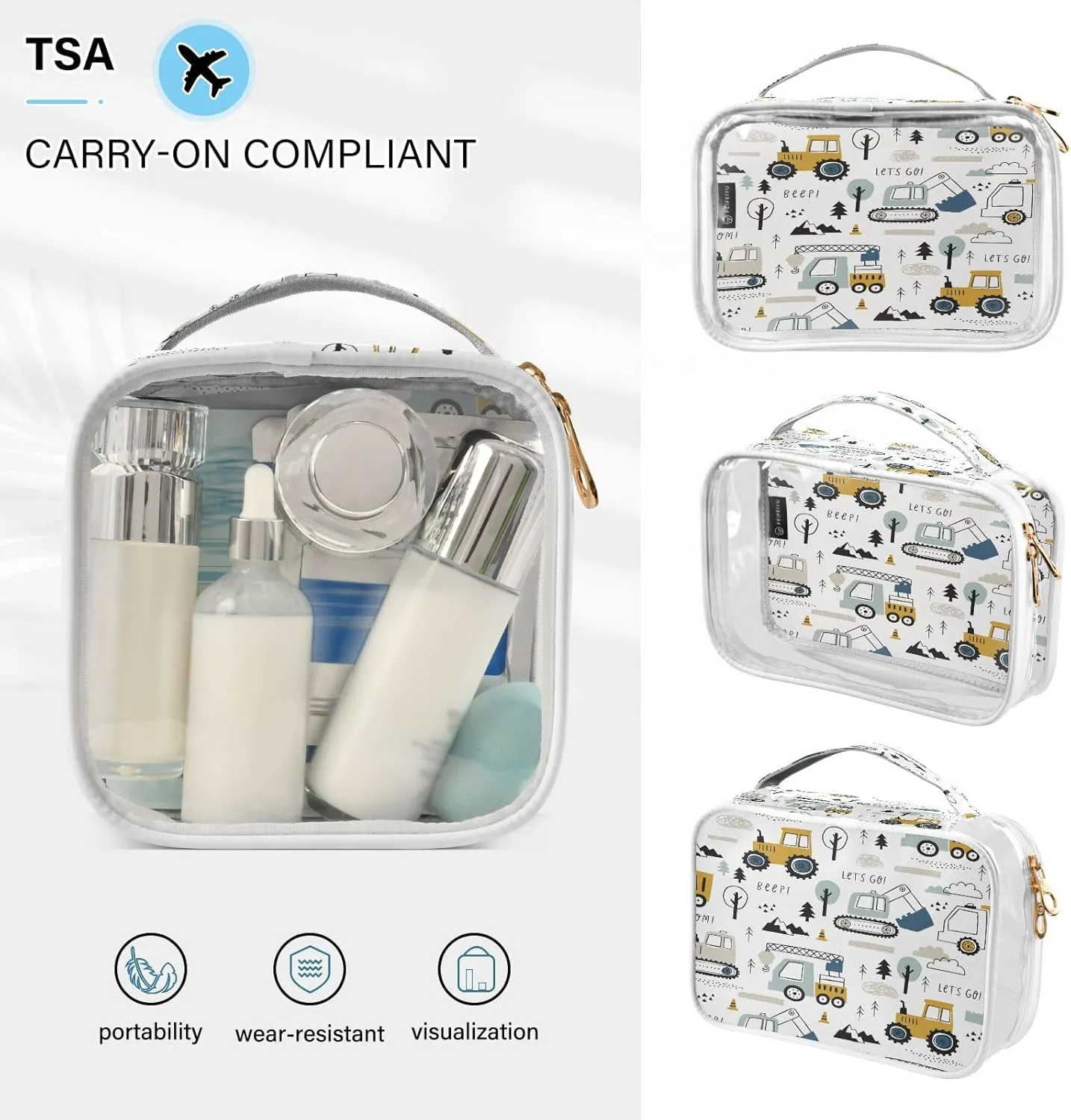 senya Clear Toiletry Bag,Travel Makeup Cosmetic Bag Carry on Airport Airline Compliant Bag Childish Truck Excavator for Women Men