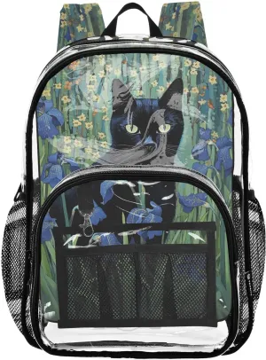 senya Transparent School Bag Black Cat in Green Bush Travel Backpack With Water-Resistant PVC Plastic Clear Bagpack