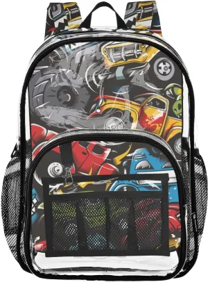 senya Transparent School Bag Crash Monster Trucks Travel Backpack With Water-Resistant PVC Plastic Clear Bagpack