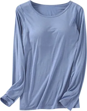 SERYU Modal T Shirt with Cup Chest Pads for Women Crew Neck Long Sleeve Solid Color Tops Basic Comfy Blouse Shirts
