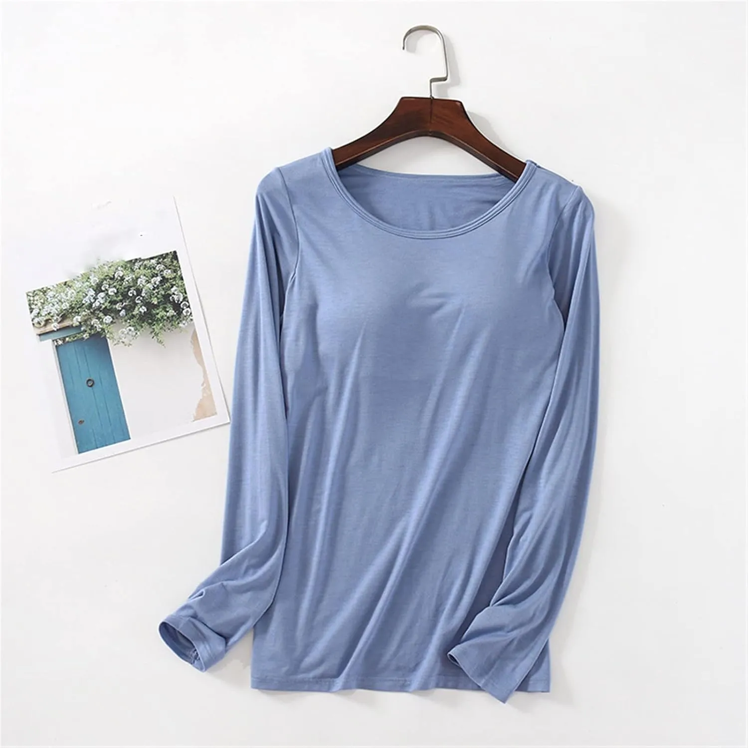SERYU Modal T Shirt with Cup Chest Pads for Women Crew Neck Long Sleeve Solid Color Tops Basic Comfy Blouse Shirts