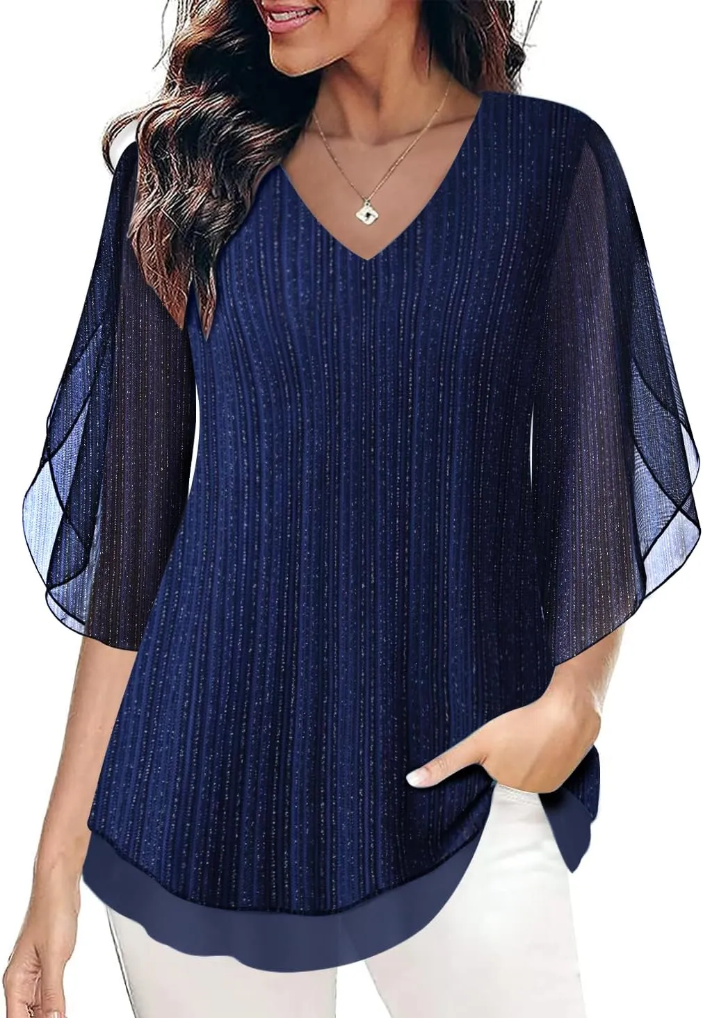 SeSe Code Womens Ruffle 3/4 Sleeve Mesh Blouses Loose Flowy Tops Stretchy Shirts