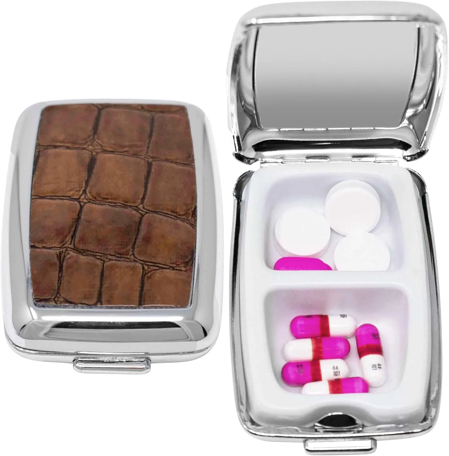 Set of 2 Dual-Compartment Rectangular Pocket Purse Pill Box & Organizer with Insert (Brown Faux Crocodile Leather)