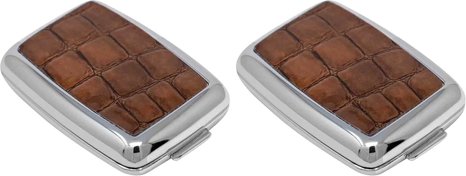 Set of 2 Dual-Compartment Rectangular Pocket Purse Pill Box & Organizer with Insert (Brown Faux Crocodile Leather)