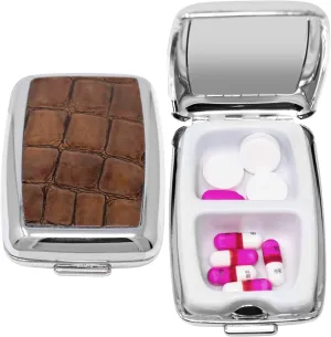 Set of 2 Dual-Compartment Rectangular Pocket Purse Pill Box & Organizer with Insert (Brown Faux Crocodile Leather)