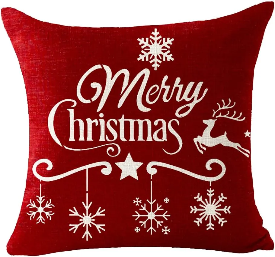 Set of 4 Merry Christmas Oh Deer Ho Ho Ho Sqaure Pillowcase Decorative Throw Pillow Cover Cushion Case Cotton Linen Material for Sofa Bed Couch18 inches (Red&Beige)