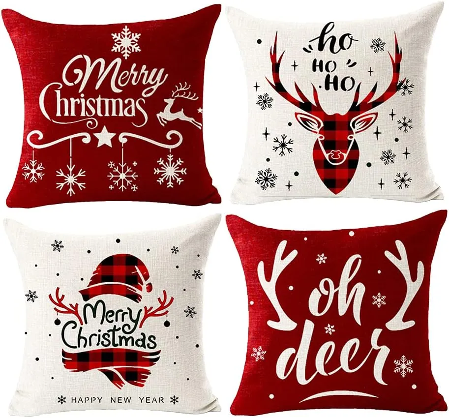 Set of 4 Merry Christmas Oh Deer Ho Ho Ho Sqaure Pillowcase Decorative Throw Pillow Cover Cushion Case Cotton Linen Material for Sofa Bed Couch18 inches (Red&Beige)