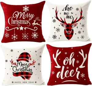 Set of 4 Merry Christmas Oh Deer Ho Ho Ho Sqaure Pillowcase Decorative Throw Pillow Cover Cushion Case Cotton Linen Material for Sofa Bed Couch18 inches (Red&Beige)