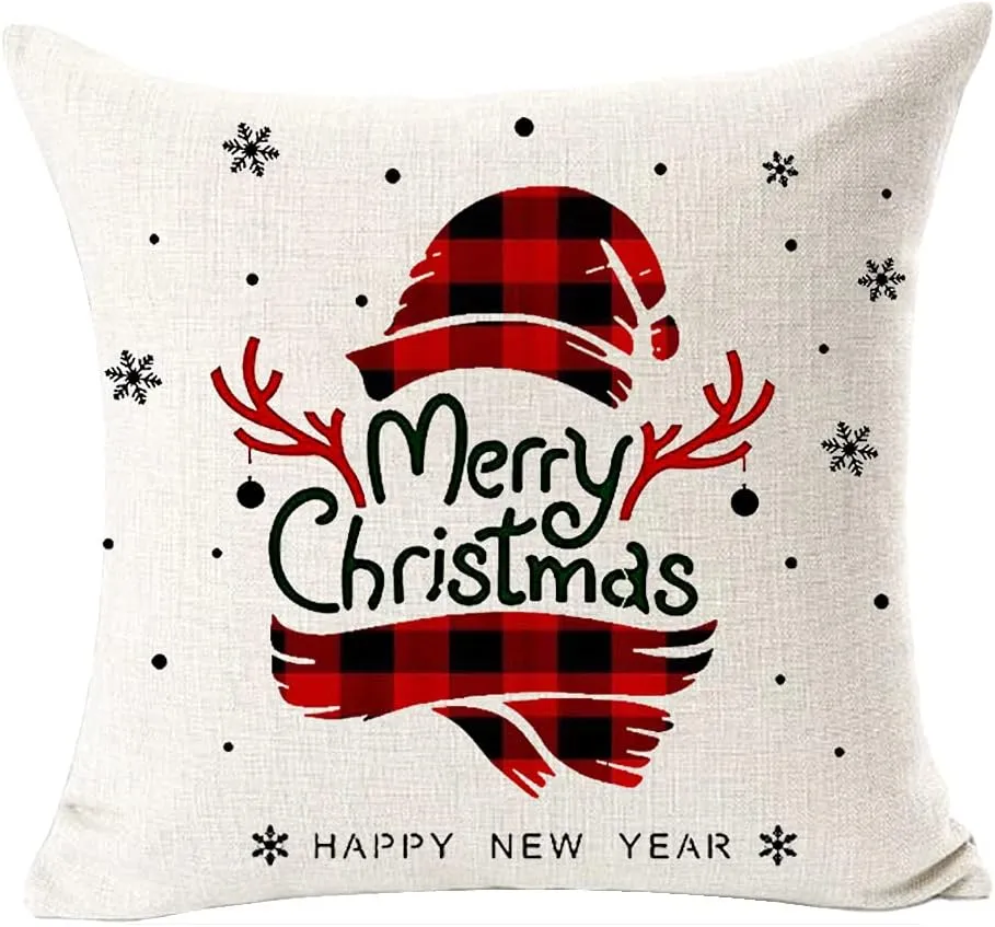 Set of 4 Merry Christmas Oh Deer Ho Ho Ho Sqaure Pillowcase Decorative Throw Pillow Cover Cushion Case Cotton Linen Material for Sofa Bed Couch18 inches (Red&Beige)