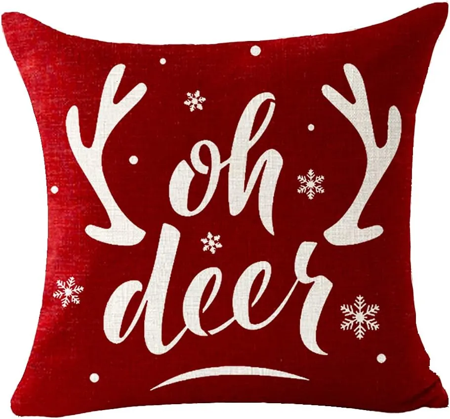 Set of 4 Merry Christmas Oh Deer Ho Ho Ho Sqaure Pillowcase Decorative Throw Pillow Cover Cushion Case Cotton Linen Material for Sofa Bed Couch18 inches (Red&Beige)