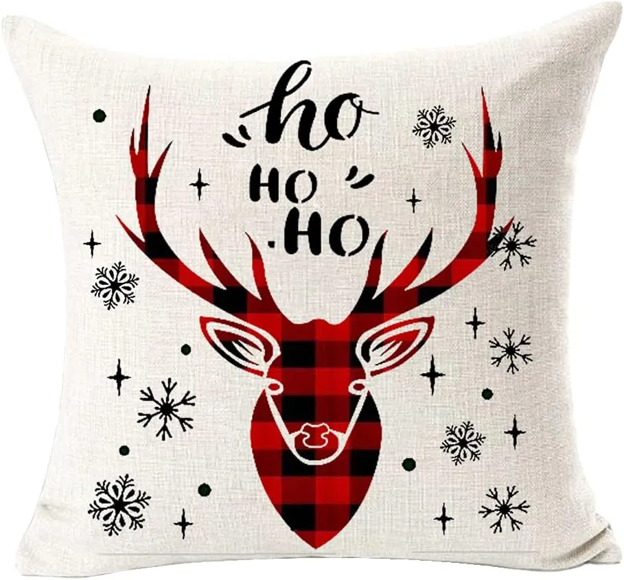 Set of 4 Merry Christmas Oh Deer Ho Ho Ho Sqaure Pillowcase Decorative Throw Pillow Cover Cushion Case Cotton Linen Material for Sofa Bed Couch18 inches (Red&Beige)