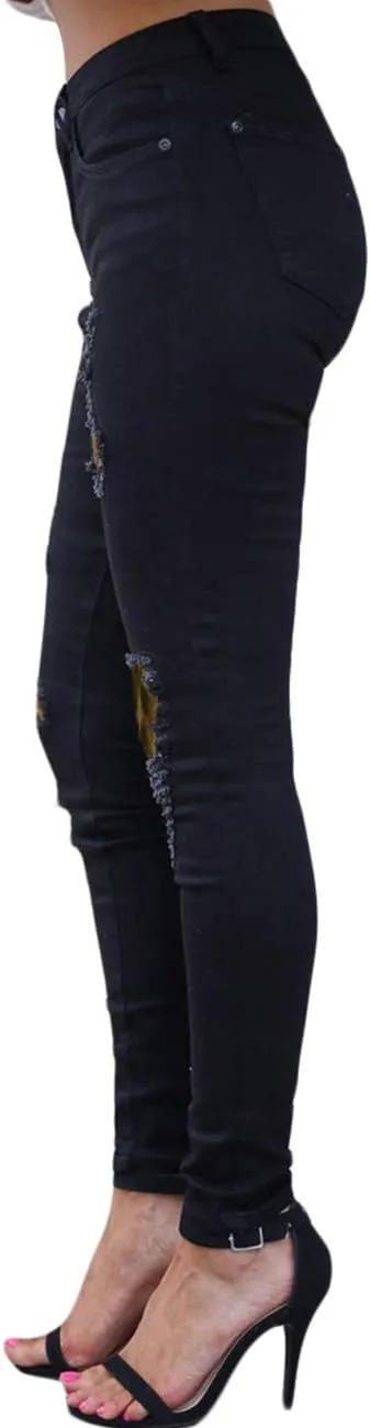 Sexyshine Women's High Waisted Skinny Destroyed Ripped Hole Denim Pants Long Stretch Pencil Jeans