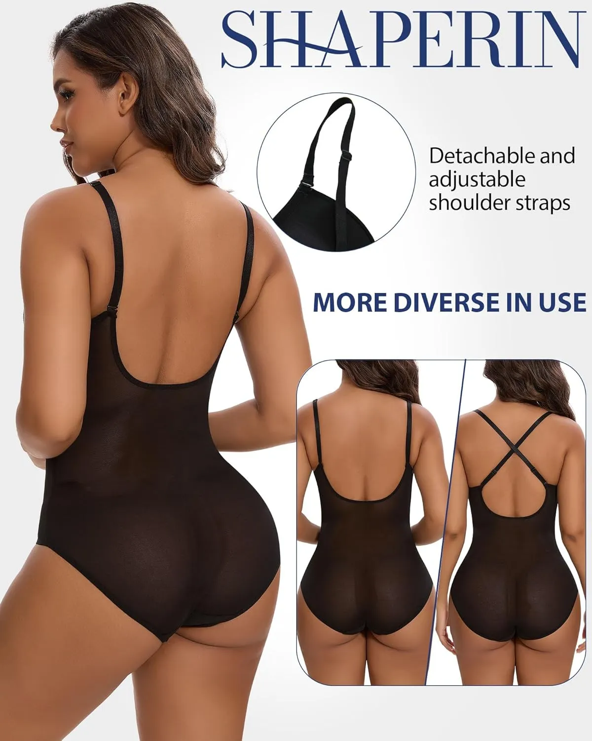 SHAPERIN Women's Low Back Shapewear Tummy Control Plunge Deep V Neck Backless Body Shaper Thong Bridal Bodysuit Bra Fajas