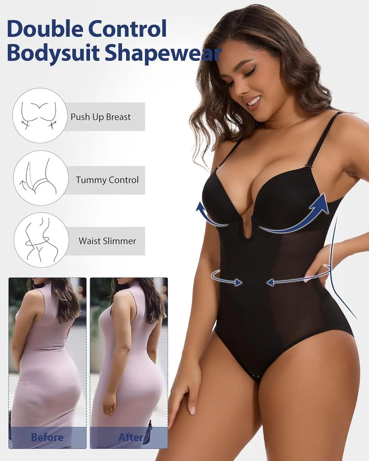 SHAPERIN Women's Low Back Shapewear Tummy Control Plunge Deep V Neck Backless Body Shaper Thong Bridal Bodysuit Bra Fajas