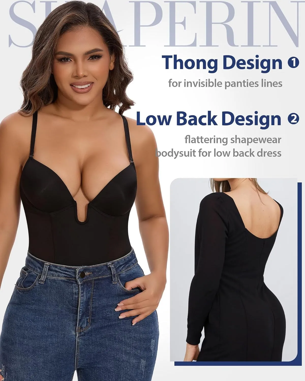 SHAPERIN Women's Low Back Shapewear Tummy Control Plunge Deep V Neck Backless Body Shaper Thong Bridal Bodysuit Bra Fajas