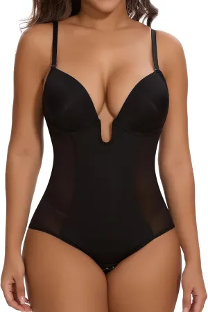 SHAPERIN Women's Low Back Shapewear Tummy Control Plunge Deep V Neck Backless Body Shaper Thong Bridal Bodysuit Bra Fajas