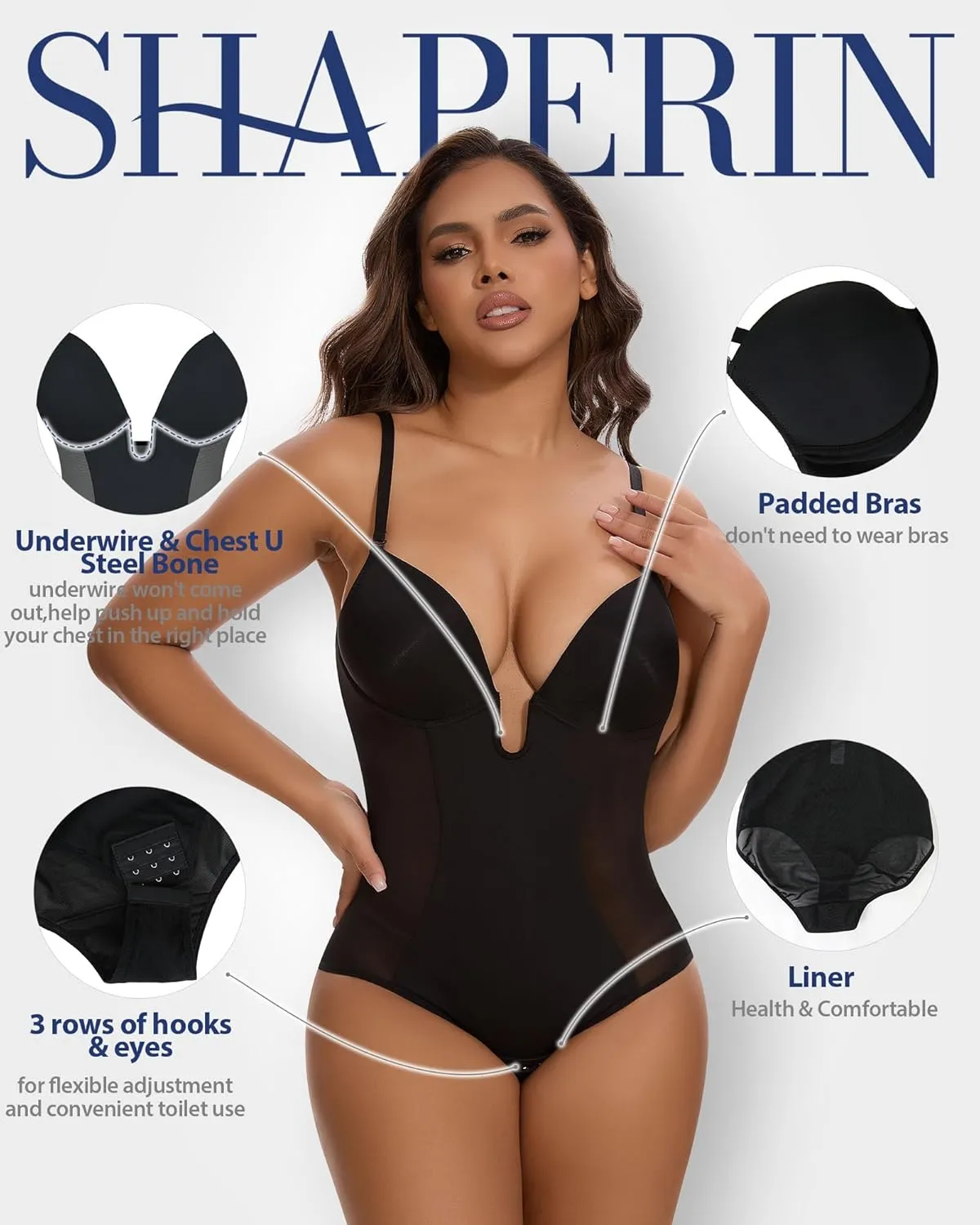 SHAPERIN Women's Low Back Shapewear Tummy Control Plunge Deep V Neck Backless Body Shaper Thong Bridal Bodysuit Bra Fajas