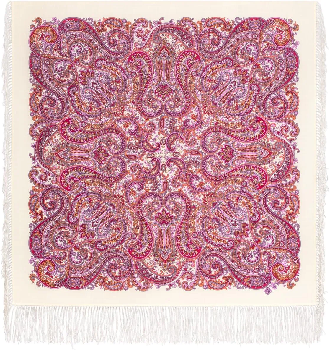 Shawl Russian Scarf Natural Pure Virgin 100% Wool 35x35 inches 89x89 cm Authentic Womens Kerchief Floral Square Wrap Silk Tassels Fringe Pavlovoposadskiy Platok 2043-0