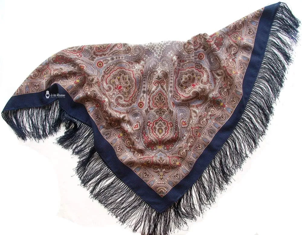 Shawl Russian Scarf Natural Pure Virgin 100% Wool 35x35 inches 89x89 cm Authentic Womens Kerchief Floral Square Wrap Silk Tassels Fringe Pavlovoposadskiy Platok 543-15
