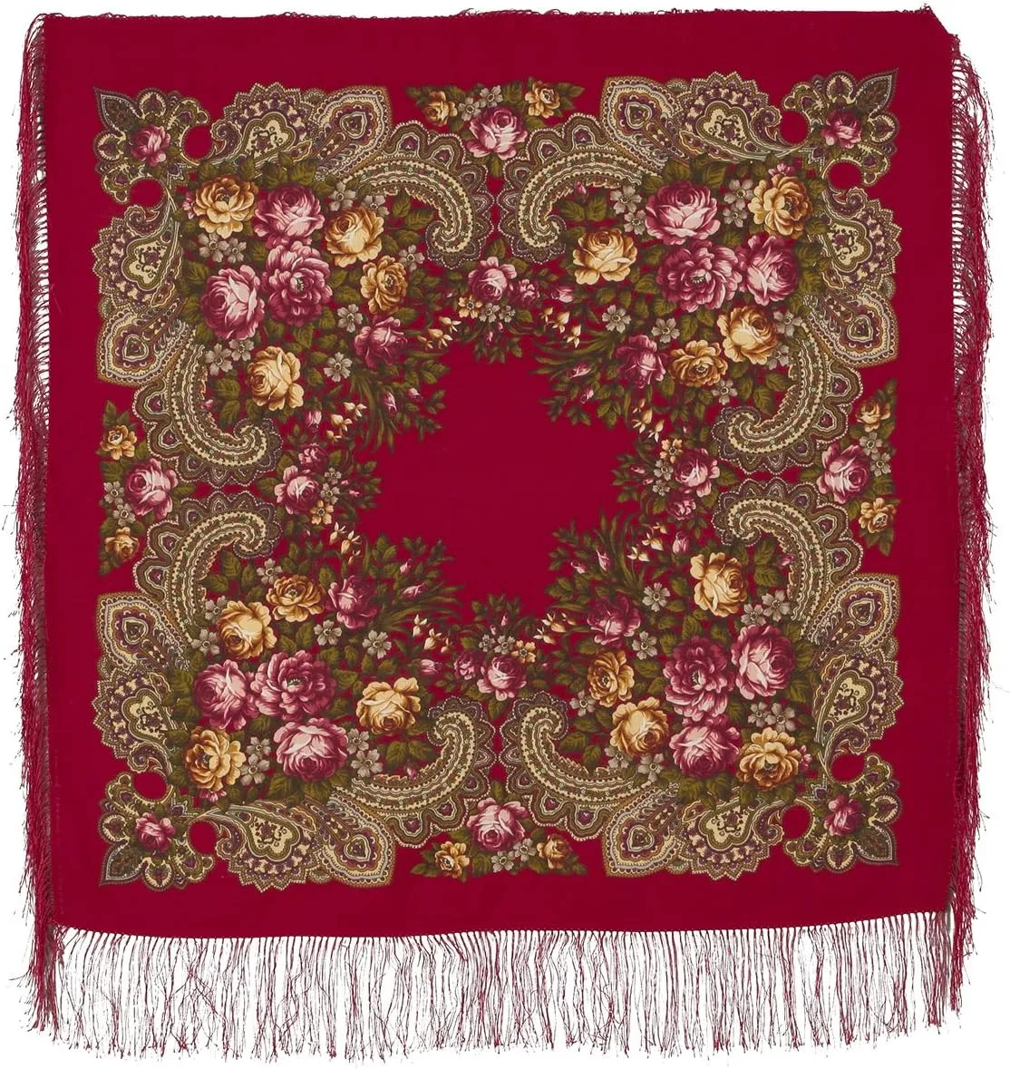 Shawl Russian Scarf Natural Pure Virgin 100% Wool 35x35 inches 89x89 cm Authentic Womens Kerchief Floral Square Wrap Silk Tassels Fringe Pavlovoposadskiy Platok 779-5
