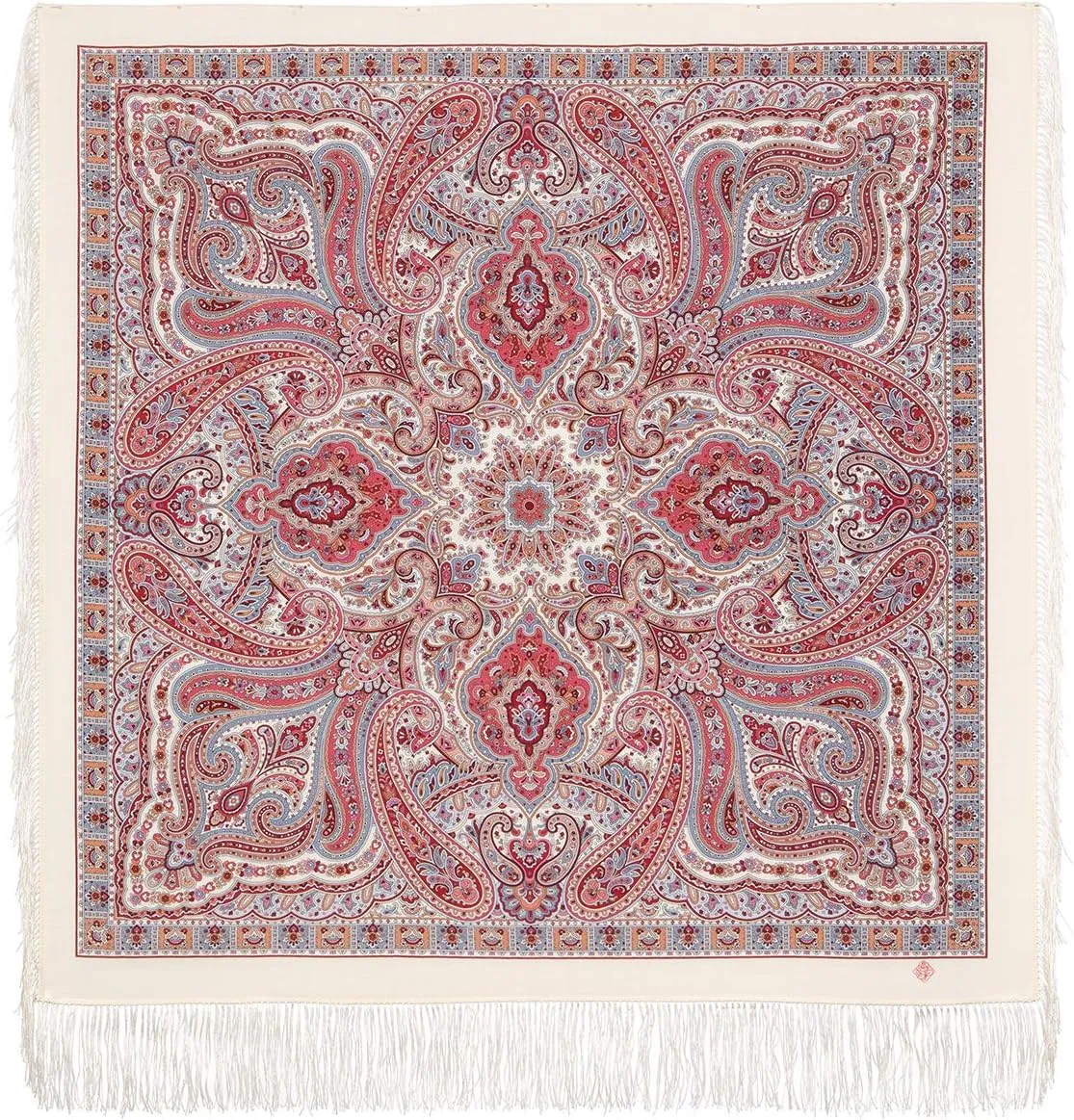 Shawl Russian Scarf Natural Pure Virgin 100% Wool 44x44 inches 110x110 cm Authentic Womens Kerchief Floral Square Wrap Silk Tassels Fringe Pavlovoposadskiy Platok 1894-3