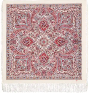 Shawl Russian Scarf Natural Pure Virgin 100% Wool 44x44 inches 110x110 cm Authentic Womens Kerchief Floral Square Wrap Silk Tassels Fringe Pavlovoposadskiy Platok 1894-3