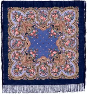 Shawl Russian Scarf Natural Pure Virgin 100% Wool 49x49 inches 125x125 cm Authentic Womens Kerchief Floral Square Wrap Fringe Pavlovoposadskiy Platok 1113-14 Heart-to-heart conversation