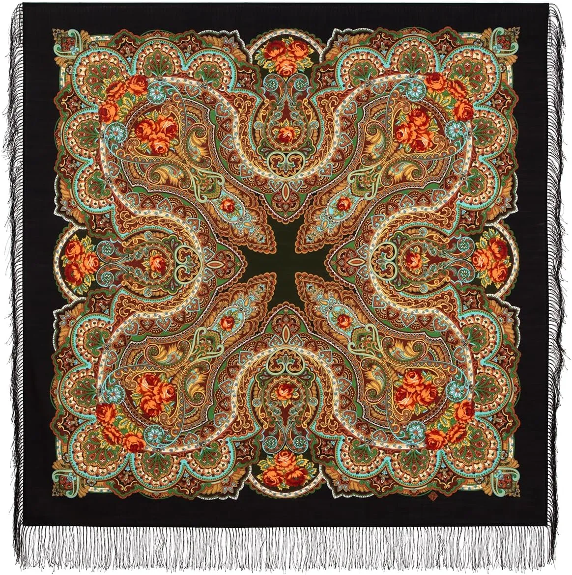 Shawl Russian Scarf Natural Pure Virgin 100% Wool 49x49 inches 125x125 cm Authentic Womens Kerchief Floral Square Wrap Fringe Pavlovoposadskiy Platok 1158-19 Belfry