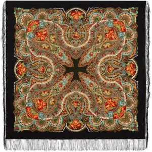 Shawl Russian Scarf Natural Pure Virgin 100% Wool 49x49 inches 125x125 cm Authentic Womens Kerchief Floral Square Wrap Fringe Pavlovoposadskiy Platok 1158-19 Belfry