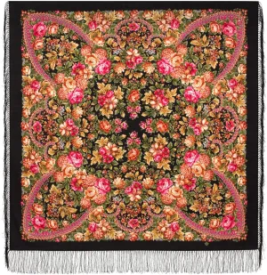 Shawl Russian Scarf Natural Pure Virgin 100% Wool 49x49 inches 125x125 cm Authentic Womens Kerchief Floral Square Wrap Silk Tassels Fringe Pavlovoposadskiy Platok 2082-18