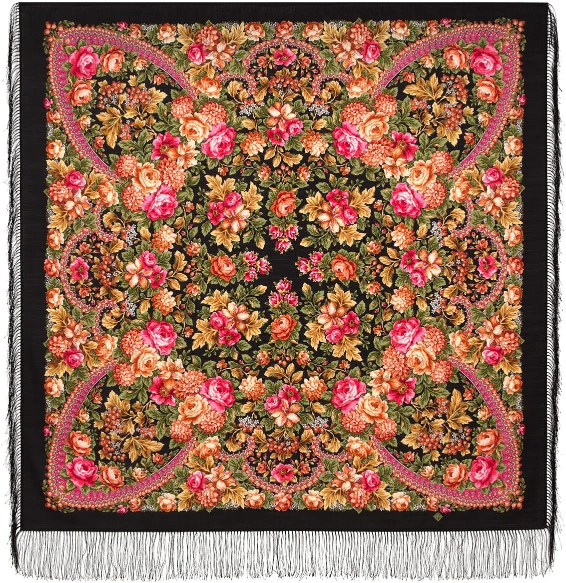 Shawl Russian Scarf Natural Pure Virgin 100% Wool 49x49 inches 125x125 cm Authentic Womens Kerchief Floral Square Wrap Silk Tassels Fringe Pavlovoposadskiy Platok 2082-18