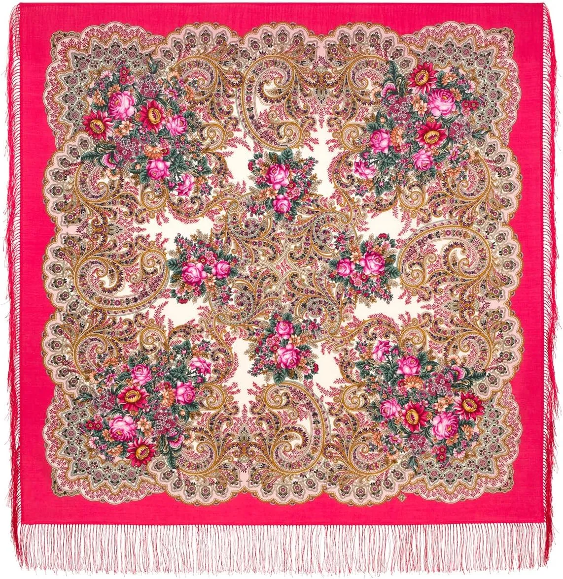 Shawl Russian Scarf Natural Pure Virgin 100% Wool 49x49 inches 125x125 cm Authentic Womens Kerchief Floral Square Wrap Silk Tassels Fringe Pavlovoposadskiy Platok 2105-5