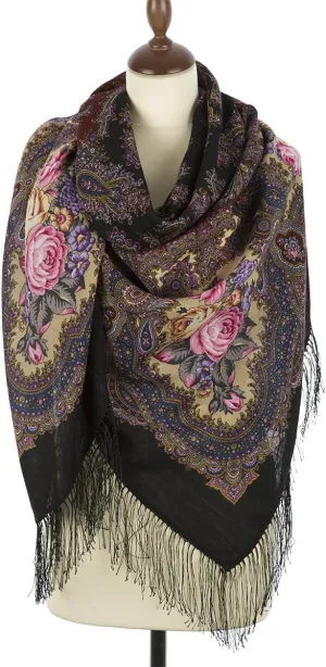 Shawl Russian Scarf Natural Pure Virgin 100% Wool 57x57 inches 146x146 cm Authentic Womens Huge Kerchief Floral Square Wrap Silk Tassels Fringe Pavlovoposadskiy Platok 1171-18
