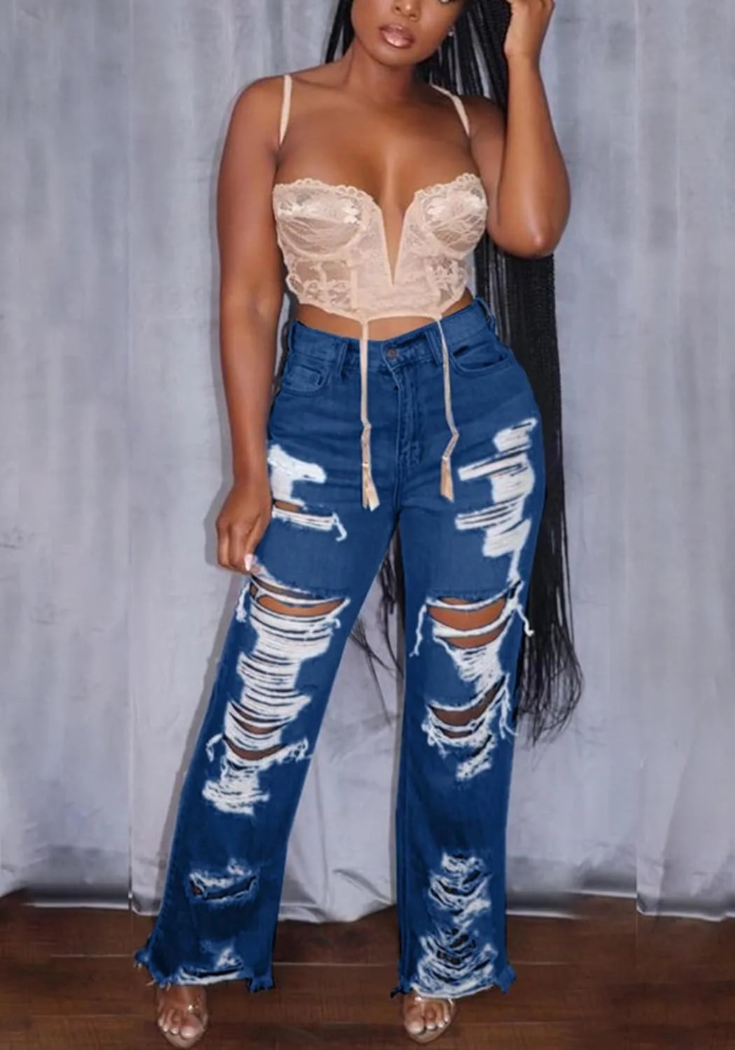 SHINFY Women's Ripped Jeans Distressed Cutout High Waisted Baggy Straight Wide Leg Y2K Denim Pants
