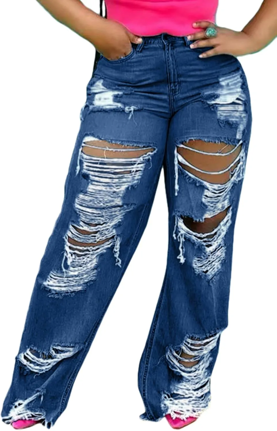 SHINFY Women's Ripped Jeans Distressed Cutout High Waisted Baggy Straight Wide Leg Y2K Denim Pants