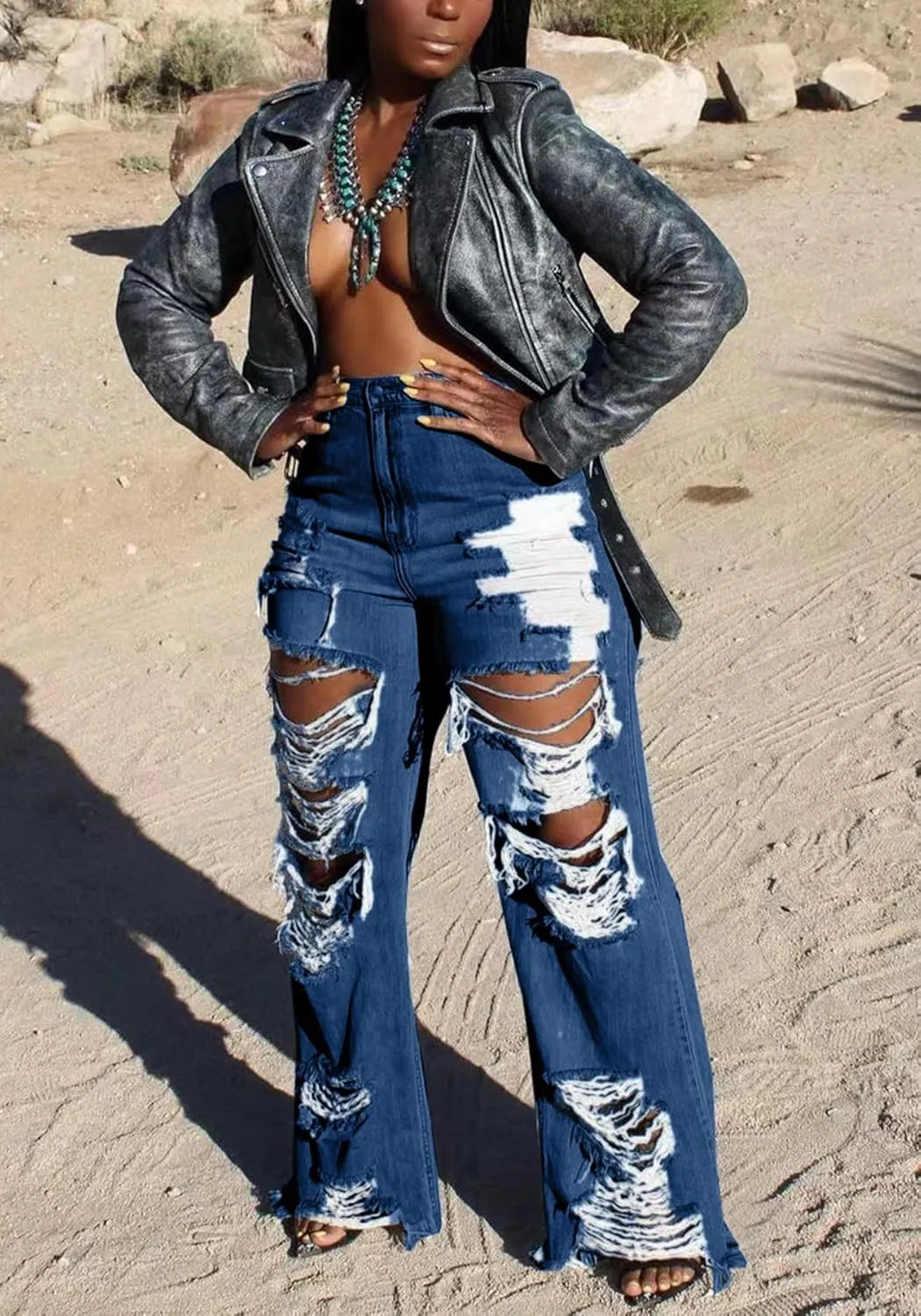 SHINFY Women's Ripped Jeans Distressed Cutout High Waisted Baggy Straight Wide Leg Y2K Denim Pants