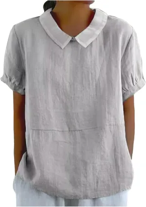Short Sleeve Linen Shirts for Women Eyelet Summer Tops Casual Loose Blouses Gauze T-Shirts Collar Neck Basic Tee