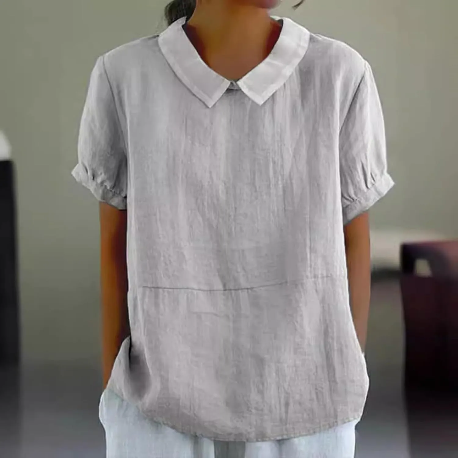Short Sleeve Linen Shirts for Women Eyelet Summer Tops Casual Loose Blouses Gauze T-Shirts Collar Neck Basic Tee