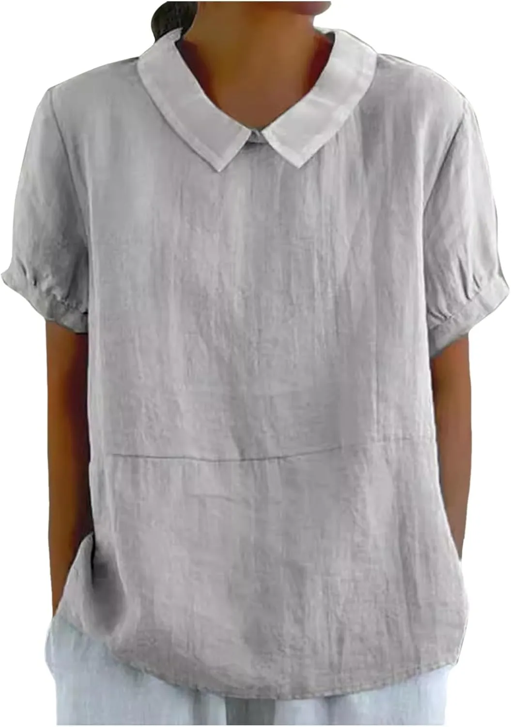 Short Sleeve Linen Shirts for Women Eyelet Summer Tops Casual Loose Blouses Gauze T-Shirts Collar Neck Basic Tee