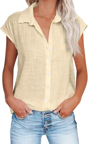 Short Sleeve Linen Tops for Women Trendy 2024 Casual Solid Color Button Down Shirts Comfy Resort Wear