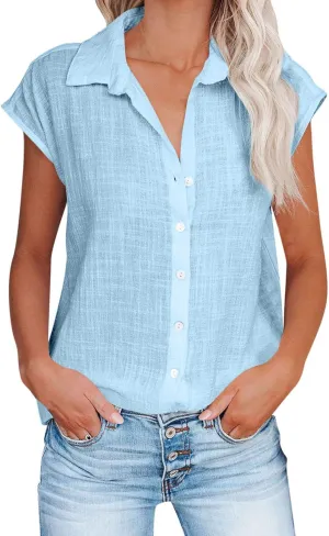 Short Sleeve Linen Tops for Women Trendy 2024 Casual Solid Color Button Down Shirts Comfy Resort Wear