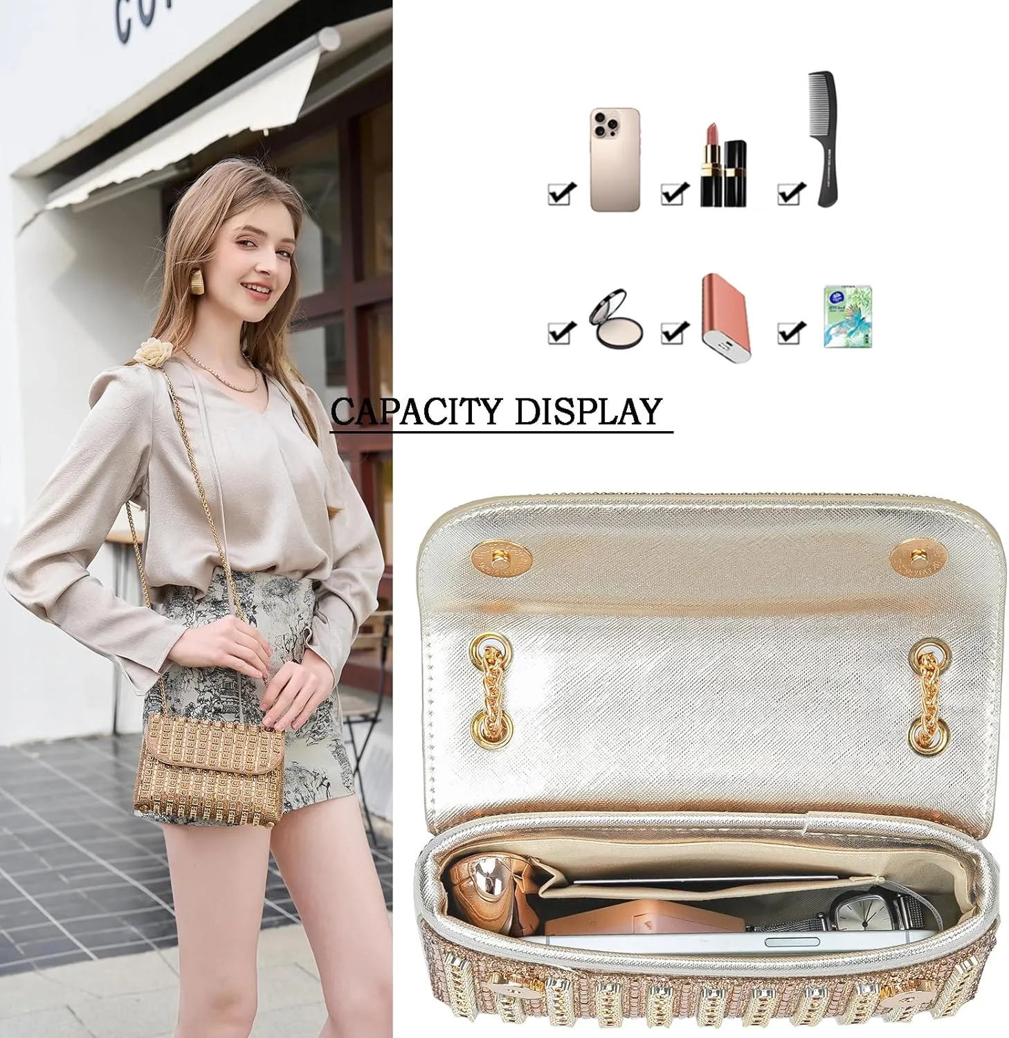 Shoulder Bags Crossbody Bag Purses Handbags Crystals Rhinestone Evening Bag for Women Clutch Purse with Chain