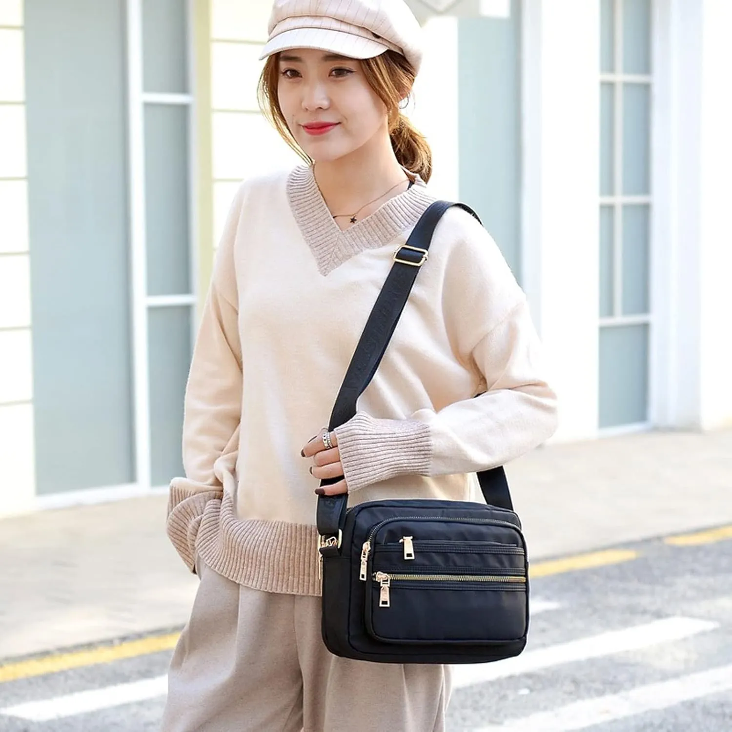 Shoulder Bags Women Solid Color Zipper Waterproof Nylon Shoulder Bag Female Crossbody Bag Ladies Waterproof Travel Messenger Bag(Purple)